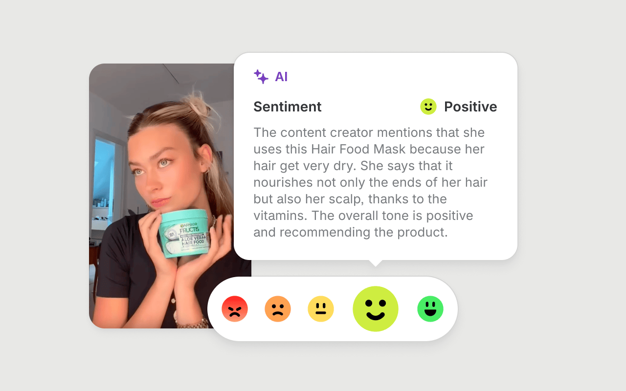 Content creator holding Garnier Fructis Aloe Vera Hair Food mask with AI sentiment analysis showing a positive review.