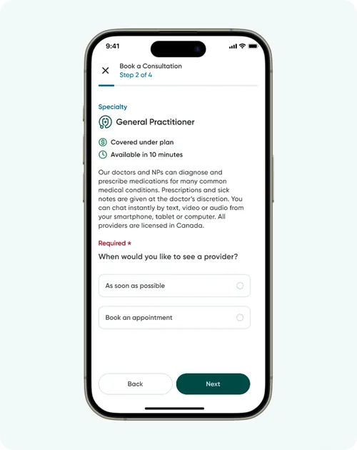 Mobile interface showing a step in the consultation booking process for a General Practitioner, with options to see a provider “As soon as possible” or “Book an appointment.”