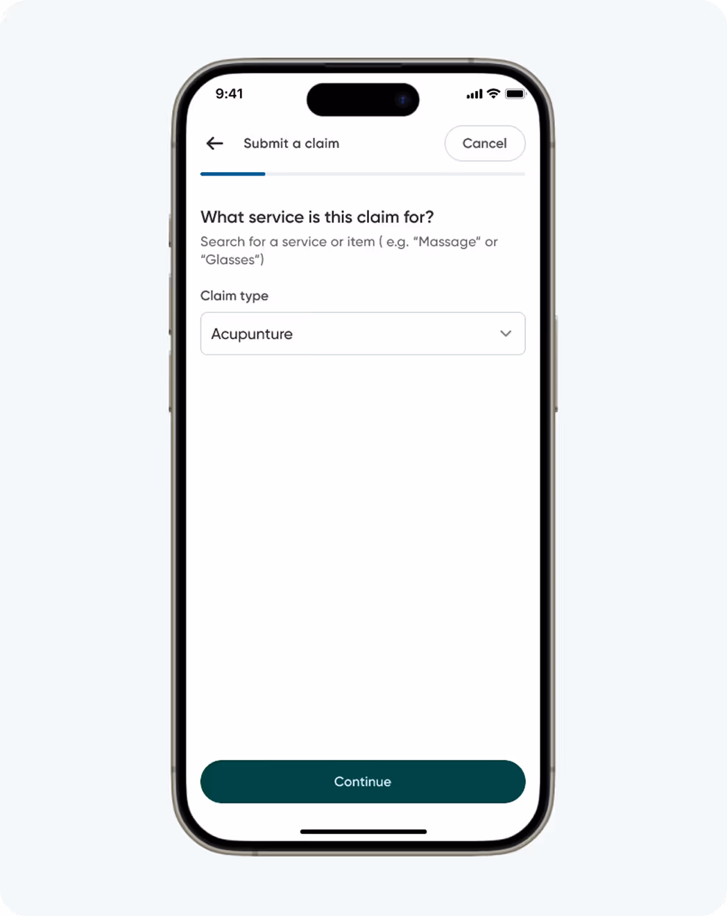 Mobile interface for submitting a claim, displaying a form field labeled “Claim type” with the example entry “Acupuncture” and a continue button.