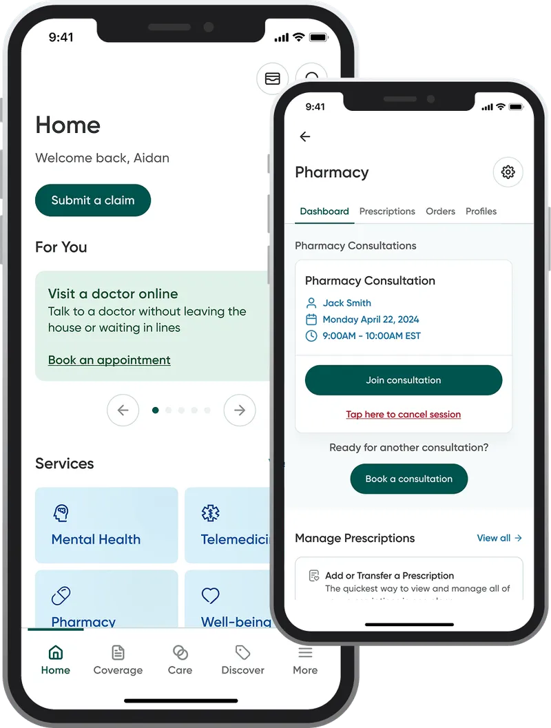 Two smartphones showing the GreenShield app, one with service options and the other with a pharmacy consultation screen.