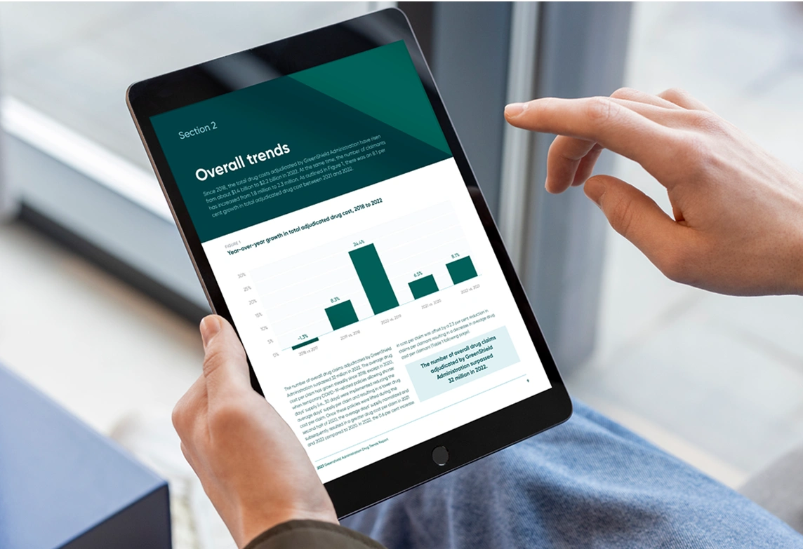 Close-up of a person holding a tablet displaying a report with graphs and the section title “Overall trends,” showing drug cost data.
