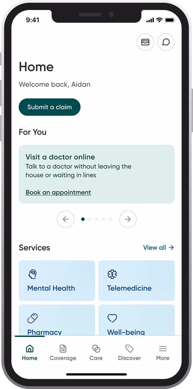 A smartphone displaying a health app's home screen with options to "Submit a claim," "Visit a doctor online," and various services like "Mental Health," "Telemedicine," "Pharmacy," and "Well-being."
