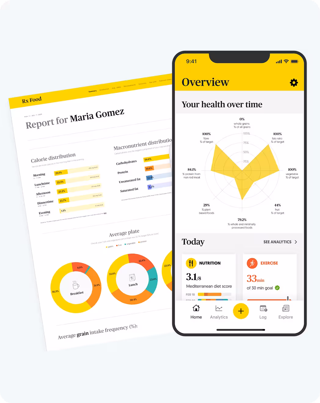 A smartphone displaying a health app overview with a radar chart showing "Your health over time" and daily metrics for nutrition and exercise, alongside a printed "Report for Maria Gomez" with nutritional data.