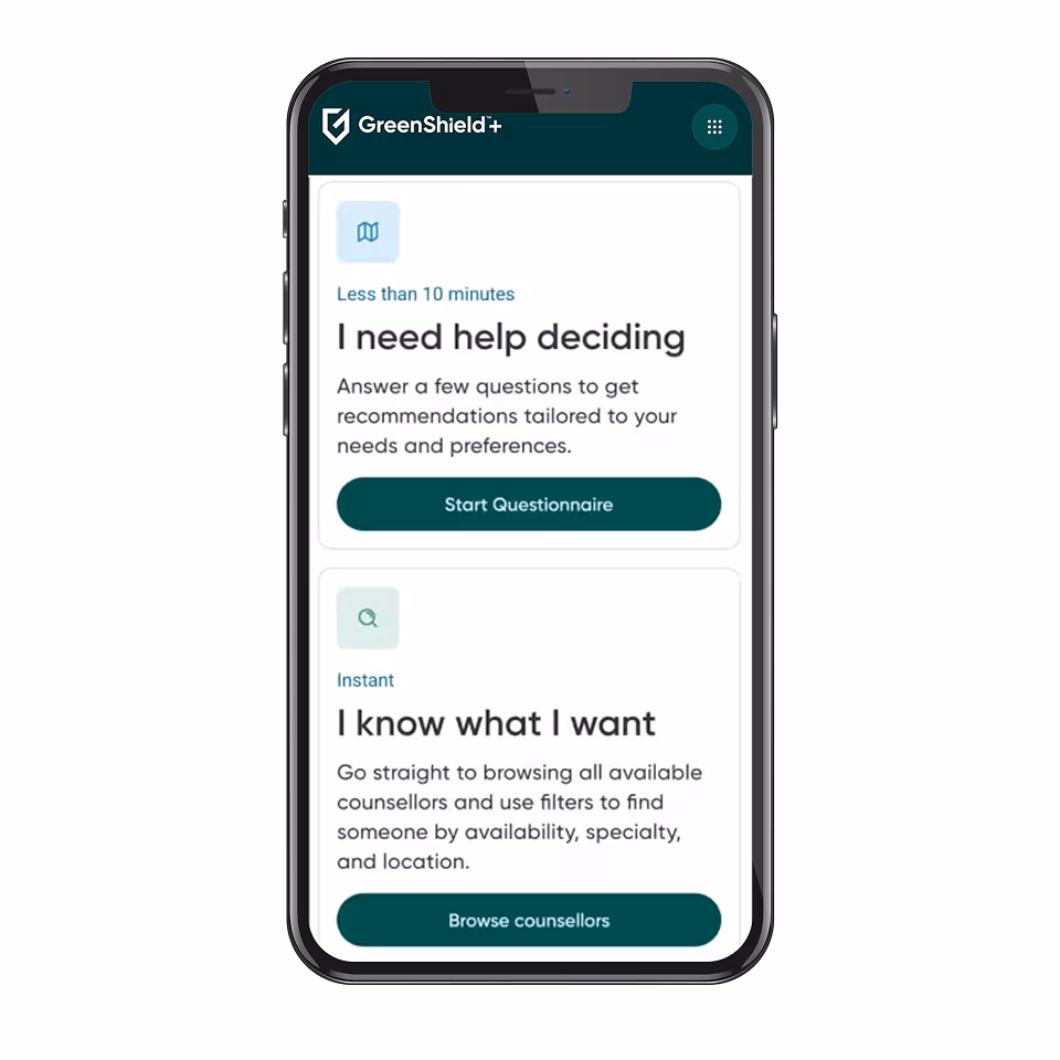 A mobile phone displaying the GreenShield+ email verification screen, a digital mental health support platform used to access a virtual therapy session in Canada.