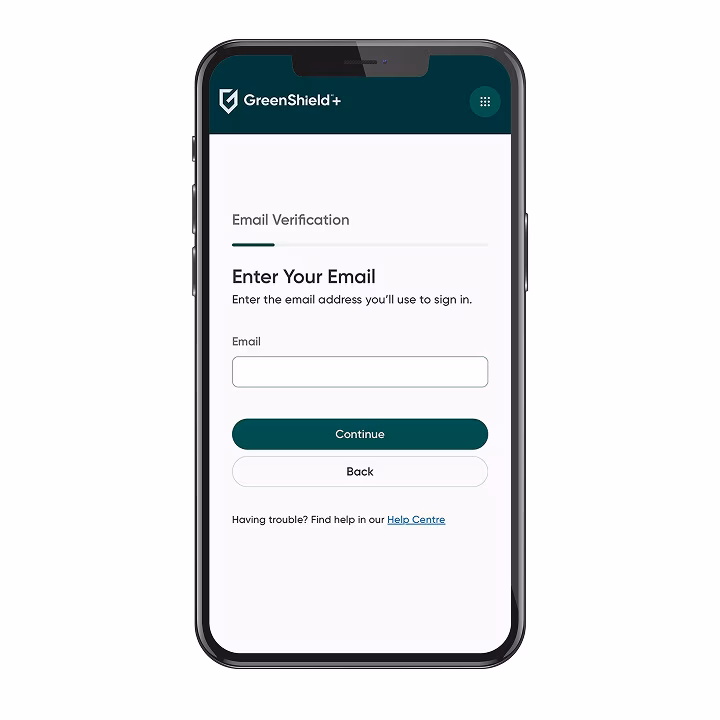 A mobile phone displaying the GreenShield+ email verification screen, a digital mental health support platform used to access a virtual therapy session in Canada.


