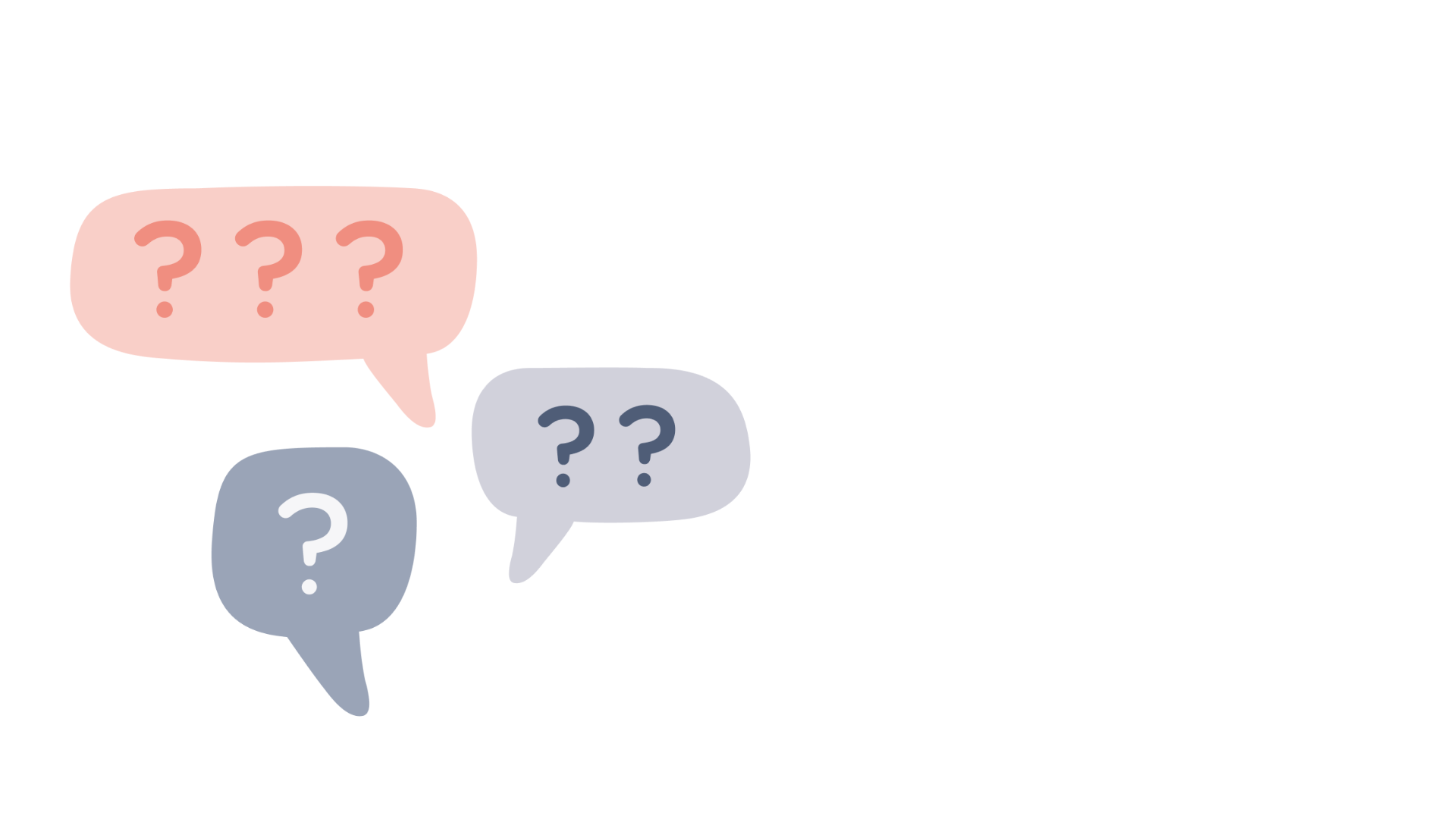 Illustration of three speech bubbles filled with question marks, representing frequently asked questions about team burnout