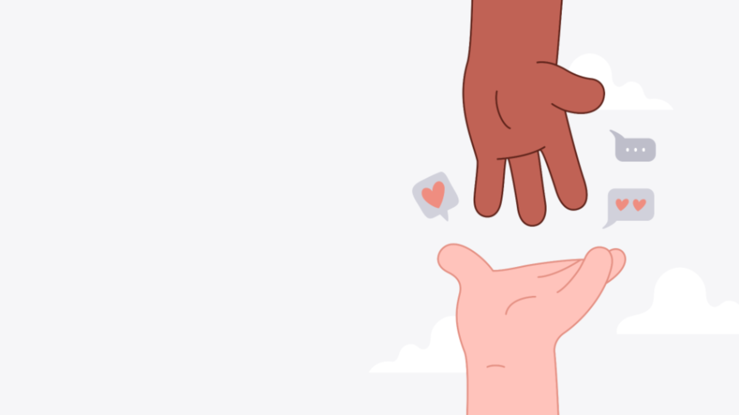 Illustration of two diverse hands reaching towards each other with heart and chat icons, representing reaching out for mental health support