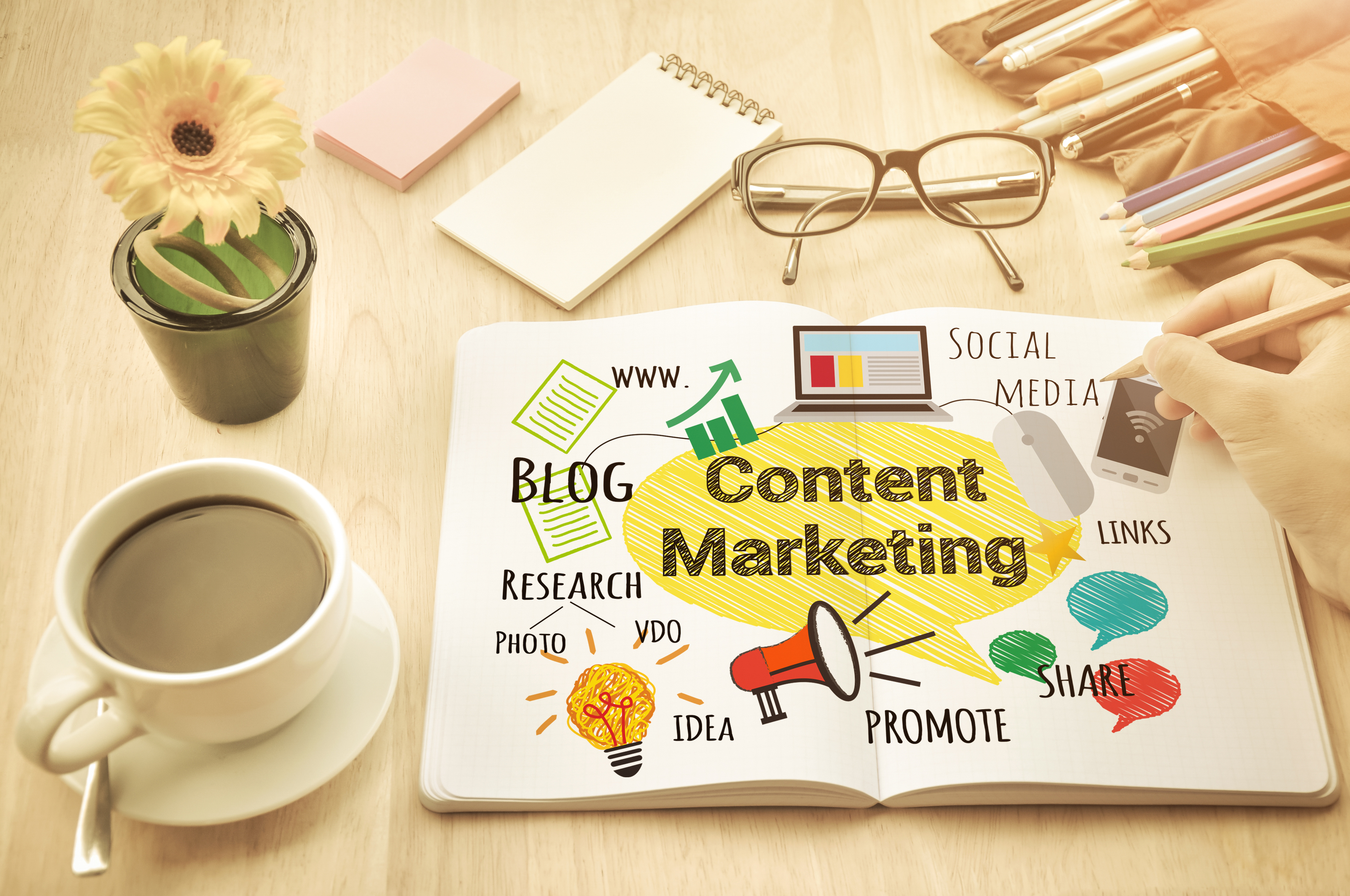 Content marketing message on a business book with office equipment, Maryville TN