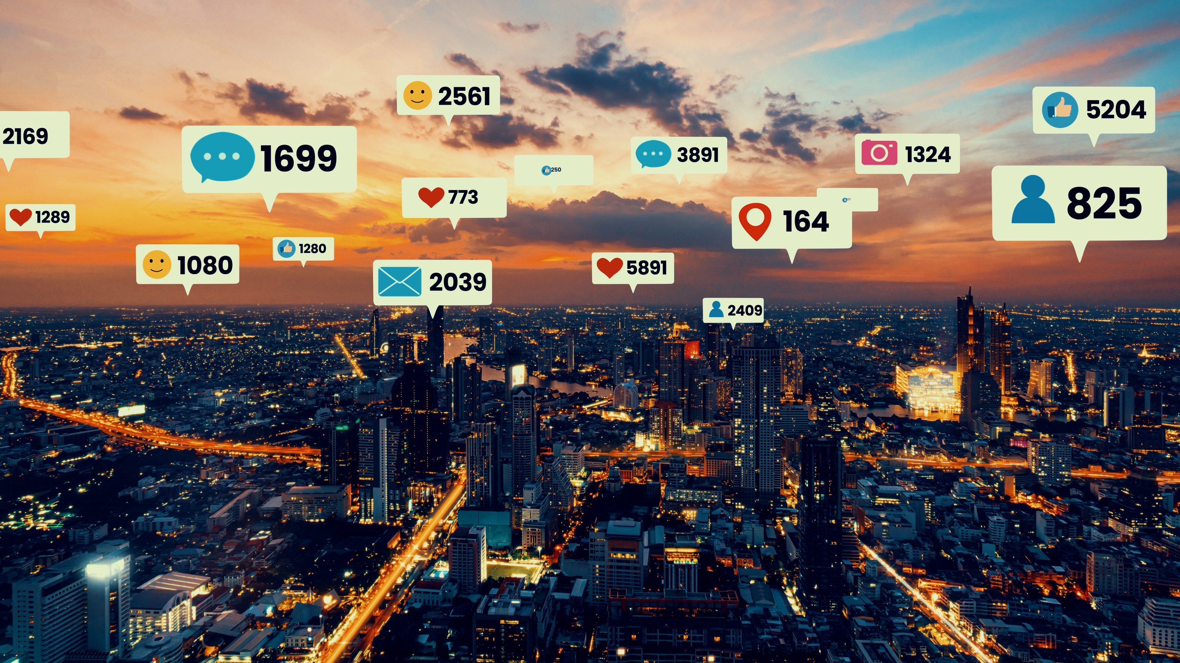 Social media and digital marketing icons over a city skyline, Lenoir City TN