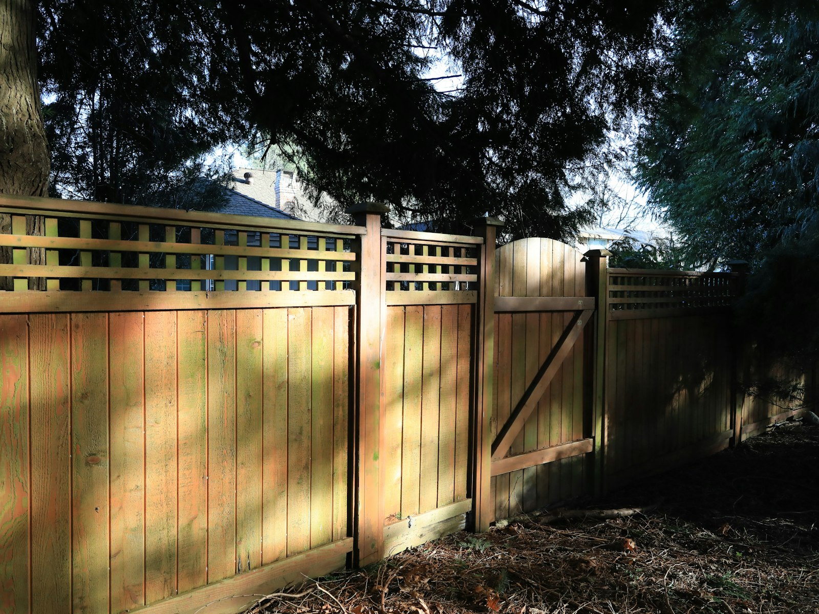 Stained wooden privacy fence and gate in a backyard