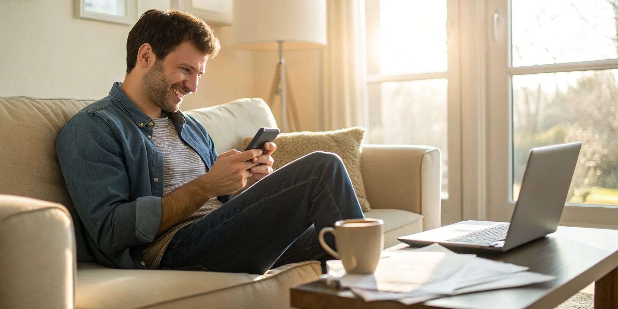 Man on a couch smiling as he applies for a quick approval loan on his smartphone.