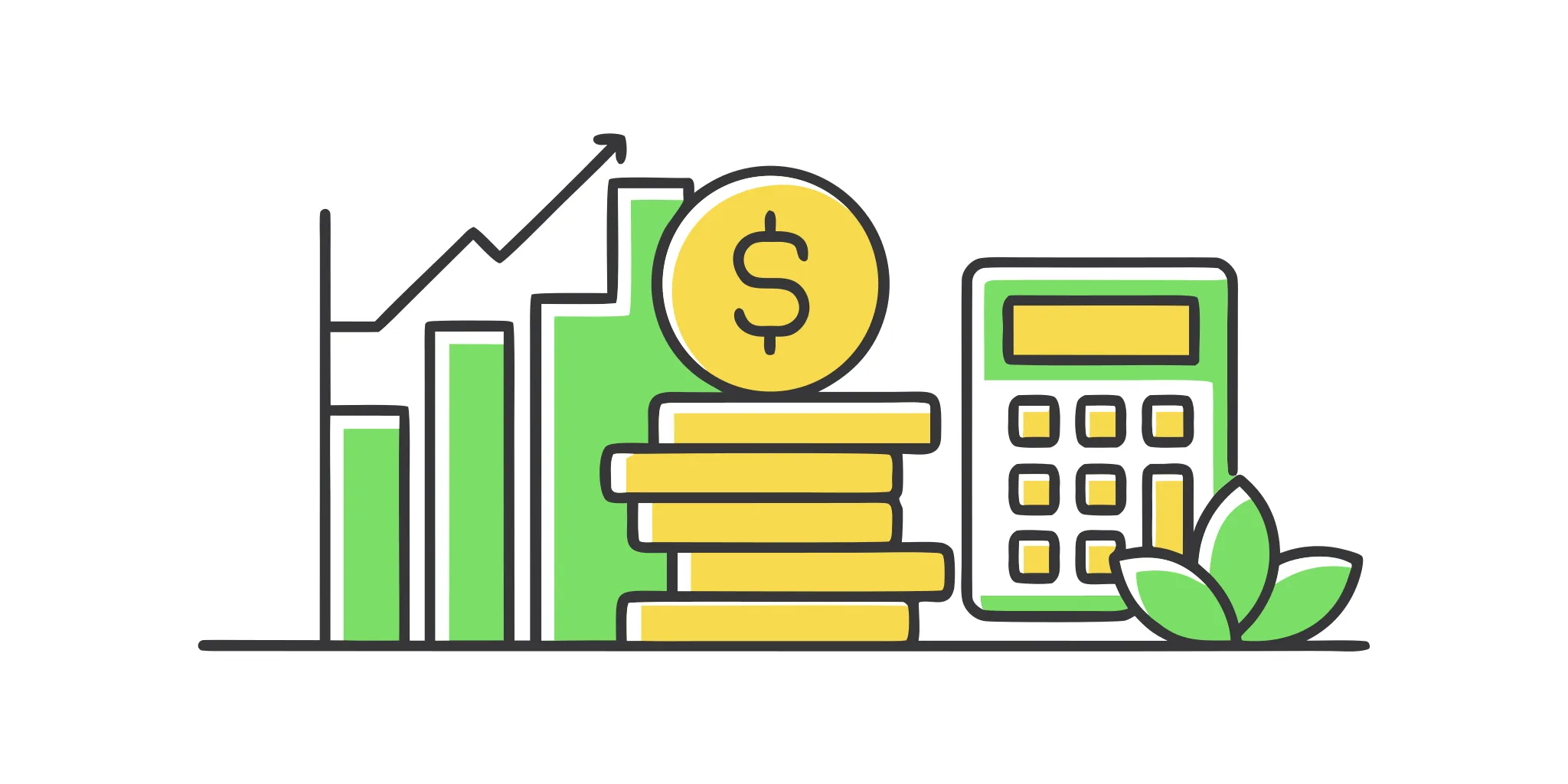 Calculating the costs of no credit check installment loans with coins and a rising graph.