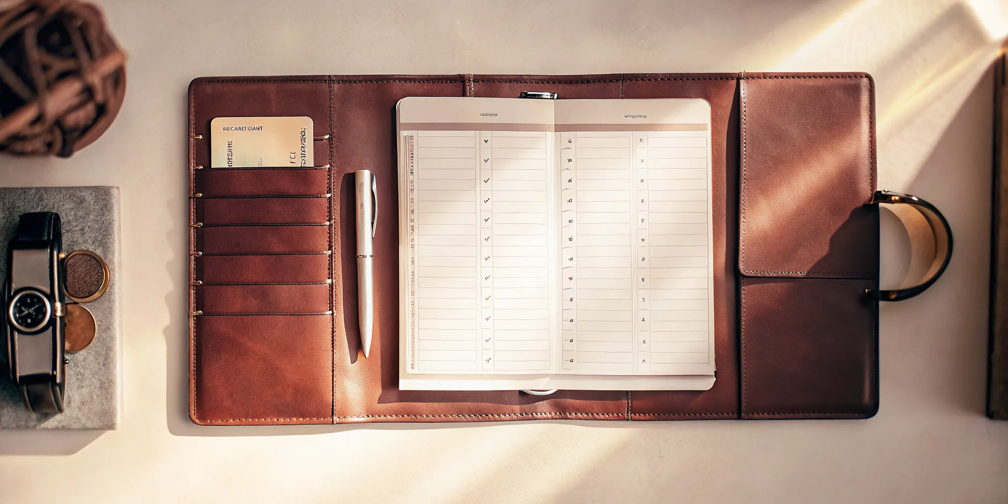A leather folder and planner holding the documents needed for an instant loan.