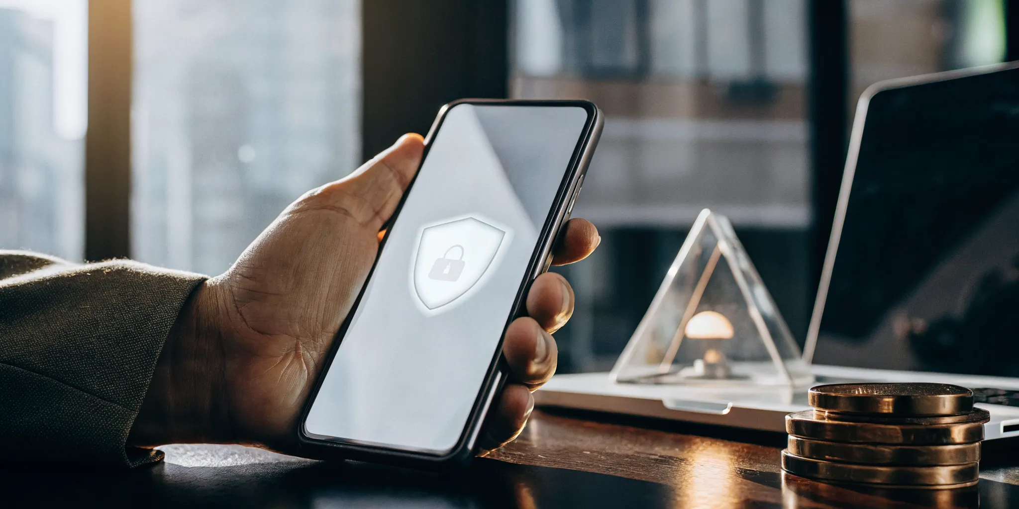 A hand holding a smartphone with a lock icon, weighing the safety of instant loans.