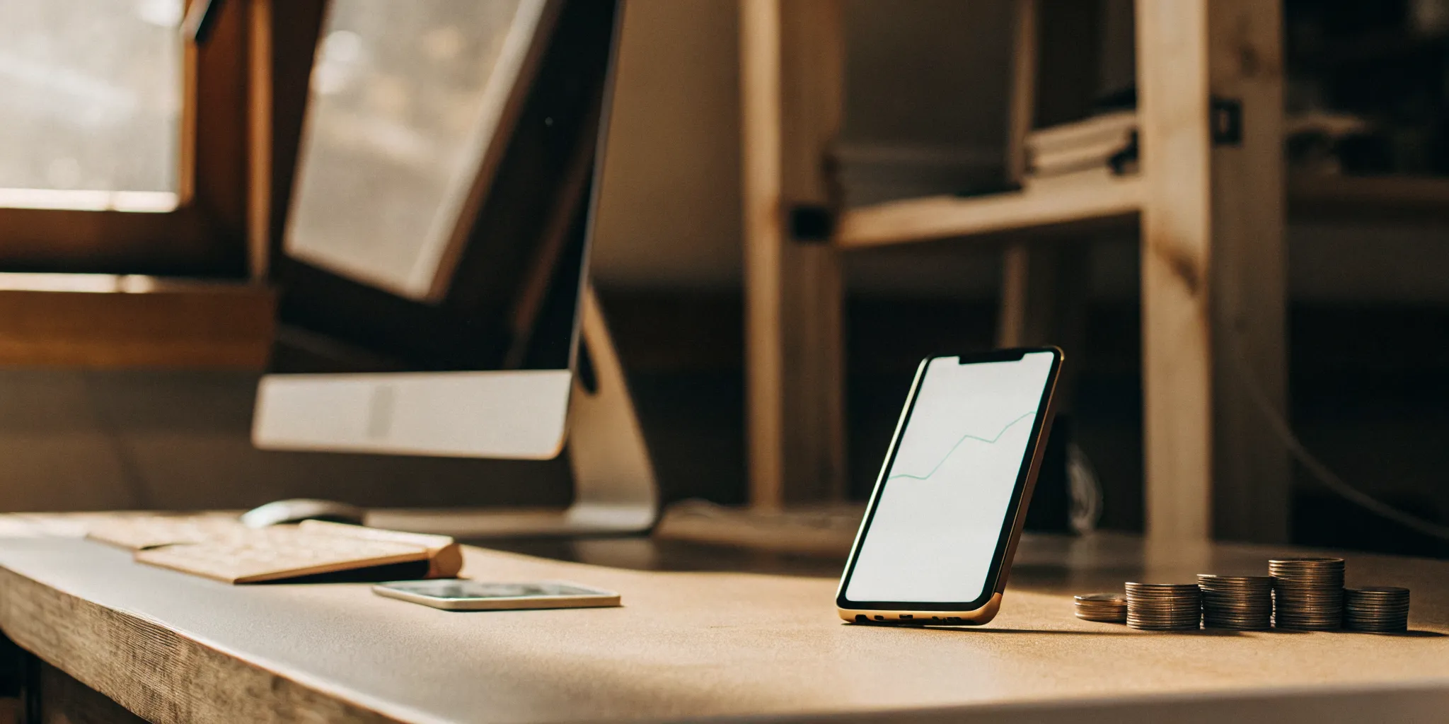 A smartphone with a financial graph and stacked coins on a desk for a cash advance loan.