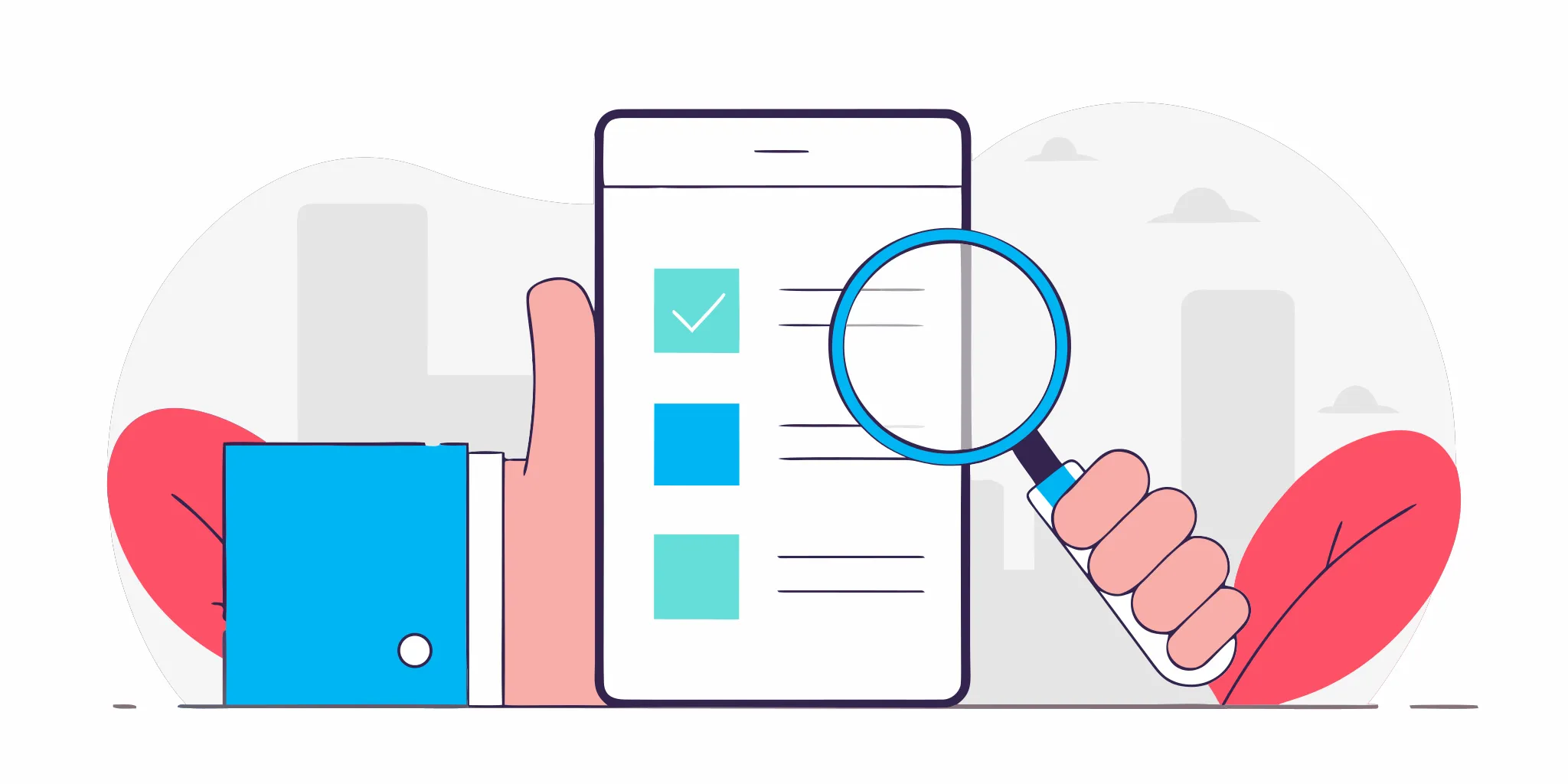 Magnifying glass examining a checklist for instant loans guaranteed approval.