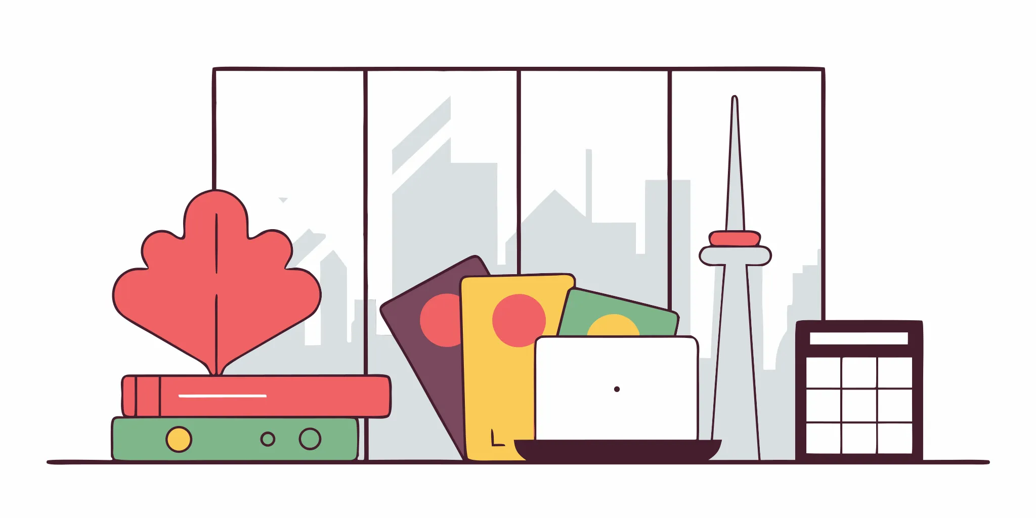 Calculating Canadian loan administration fees with a calculator on a desk overlooking a city skyline.