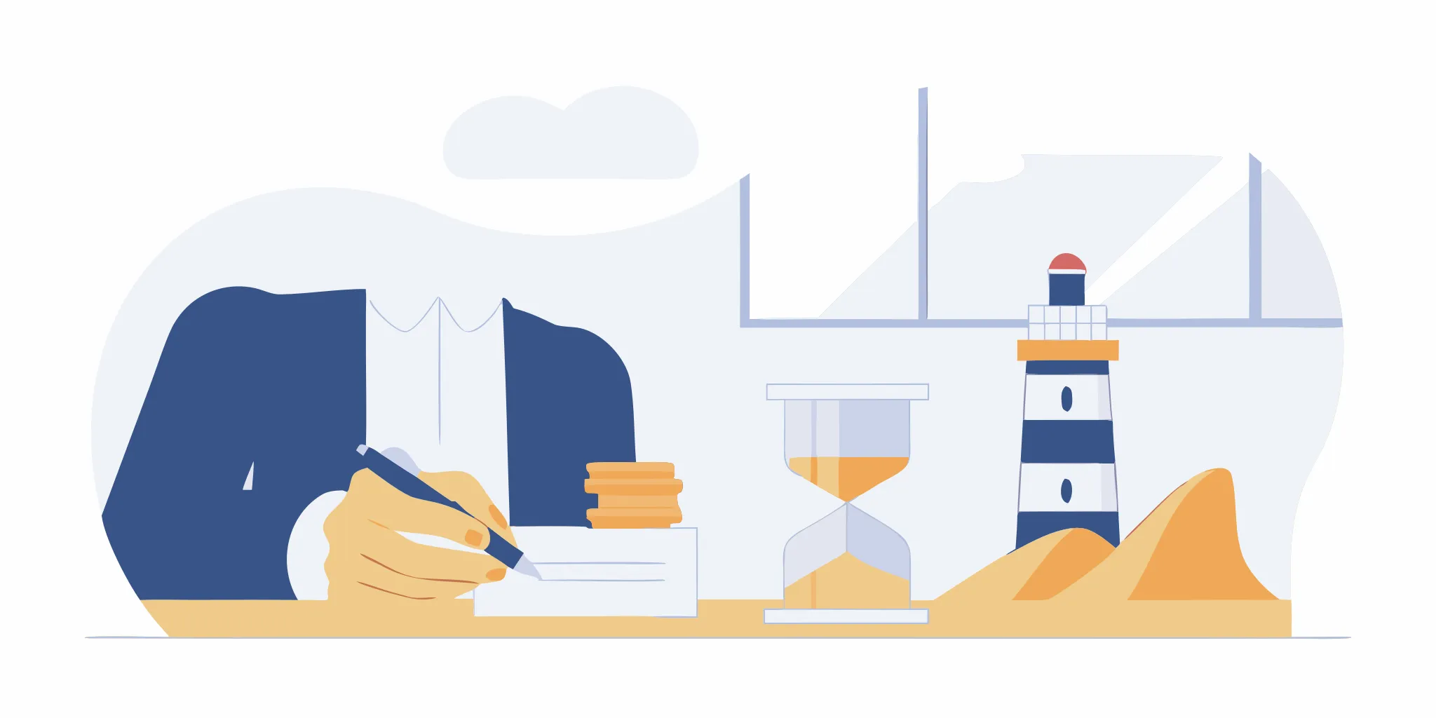 A person writing a check for a short-term loan in New Brunswick, with an hourglass and lighthouse nearby.