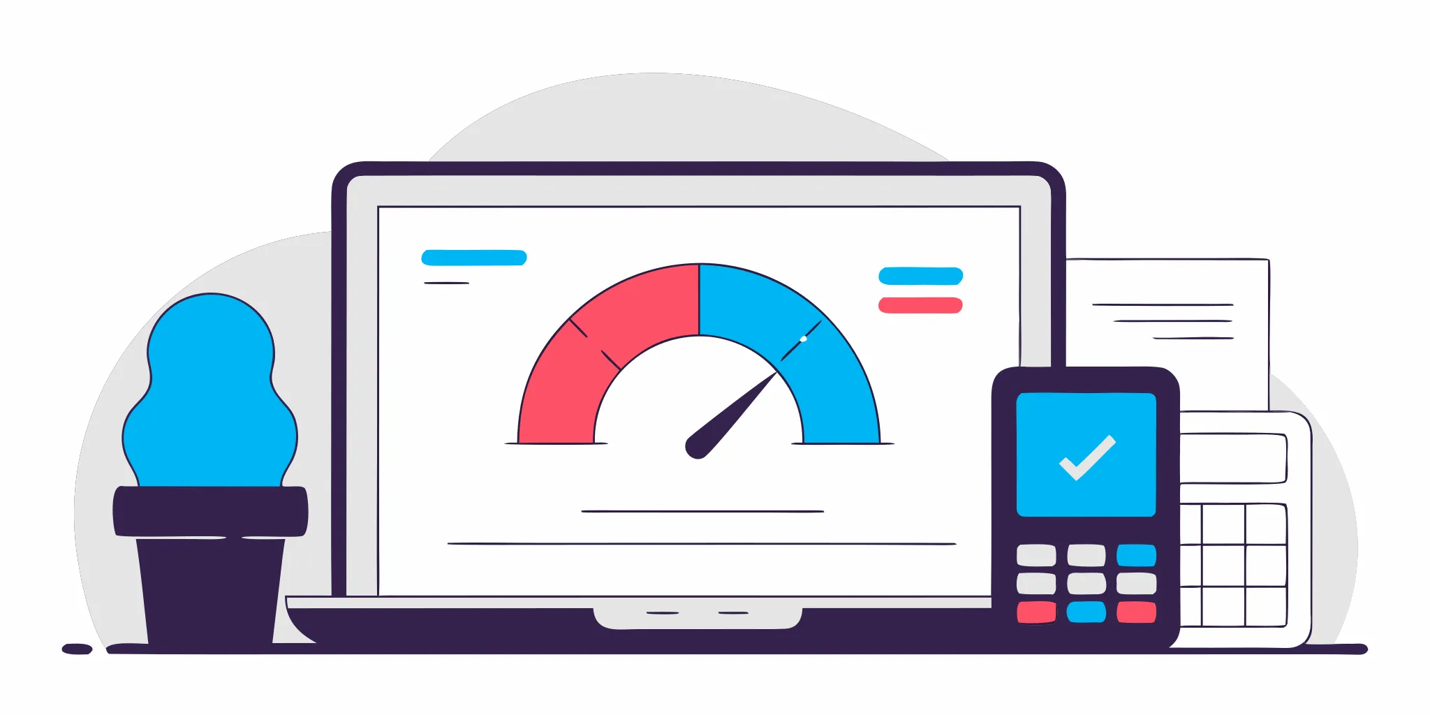 Credit score gauge, calculator, and documents on a laptop for a bad credit direct lenders loan.