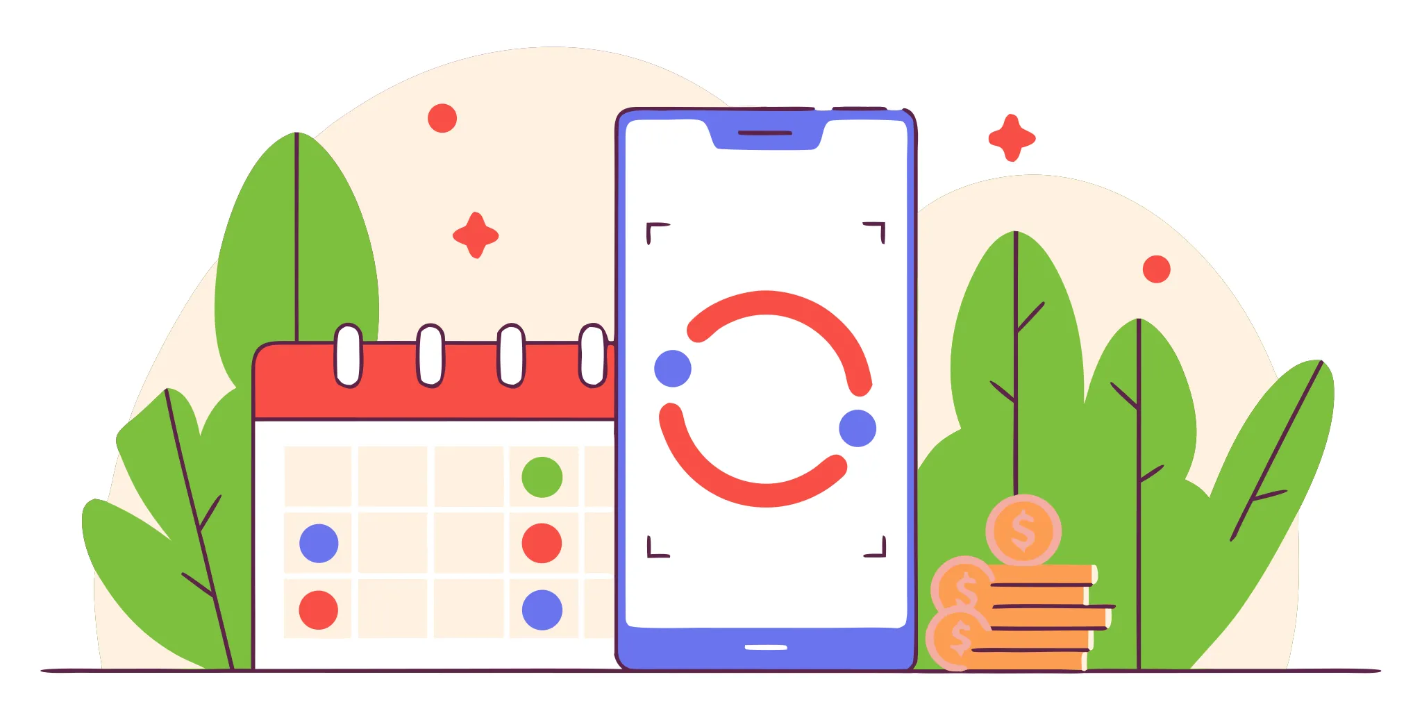 Phone, calendar, and coins for flexible payday loan repayment.