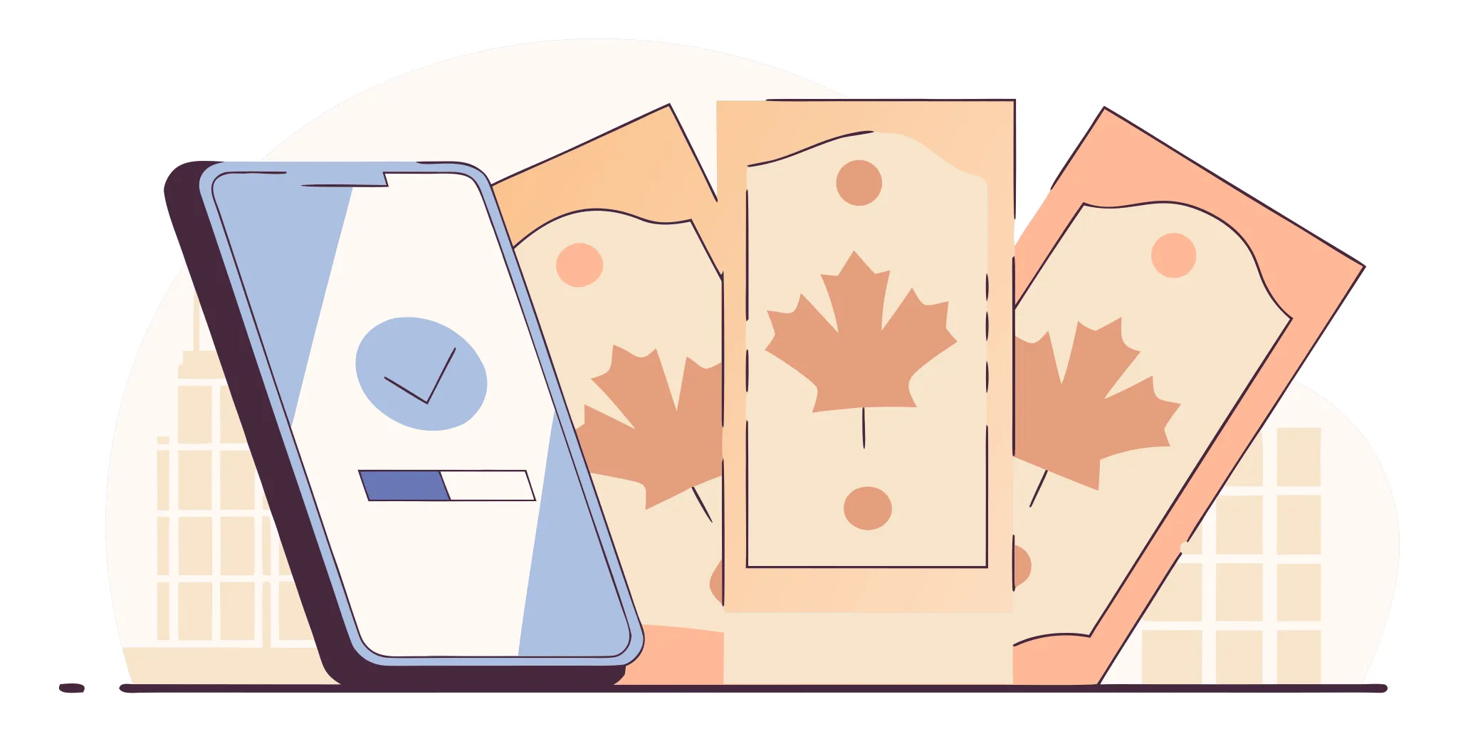 A phone confirms an instant loan with same day deposit next to Canadian cash.