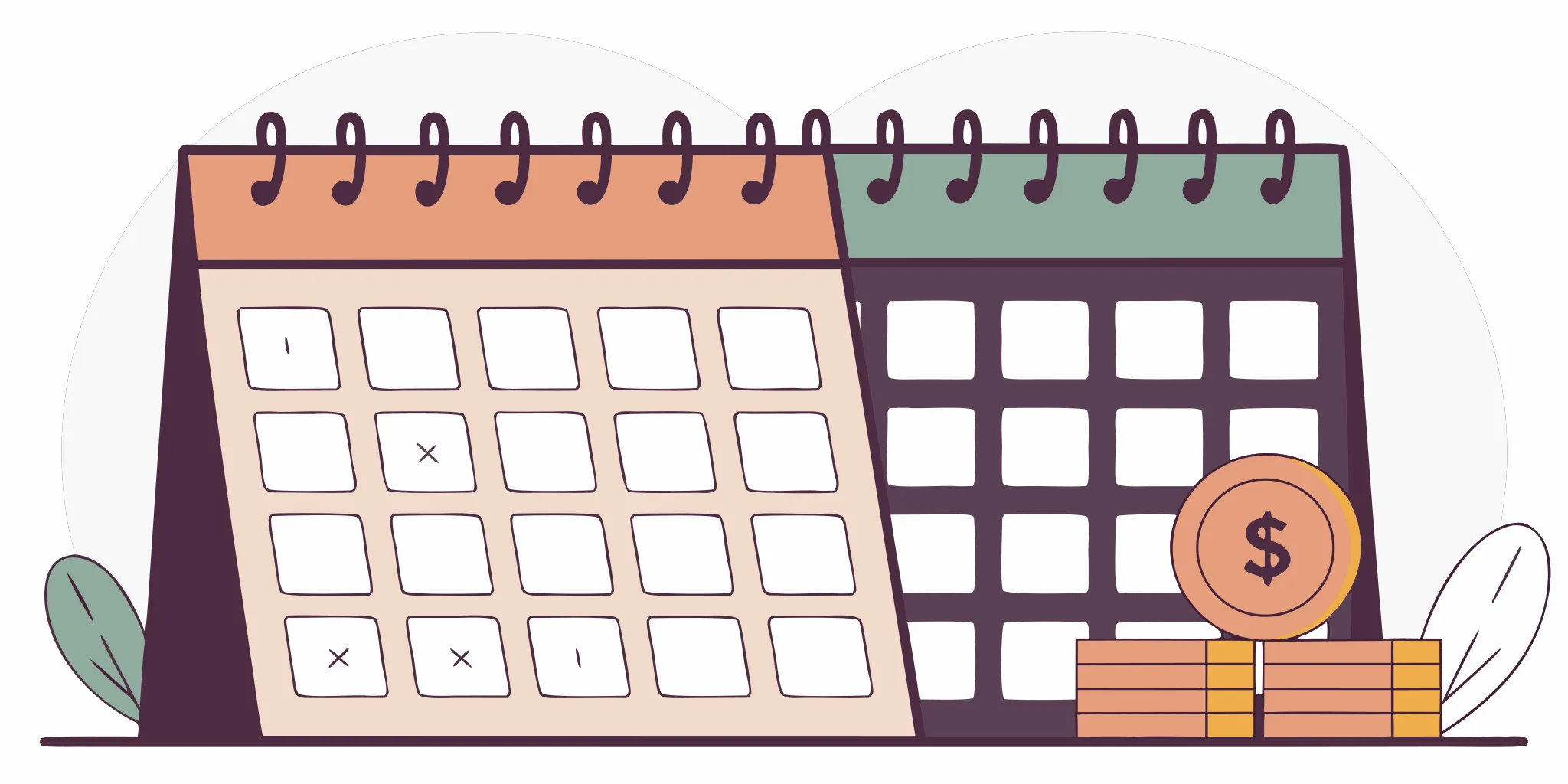 Side-by-side calendar comparison of 60-day and 90-day loan repayment schedules with Canadian dollar coins