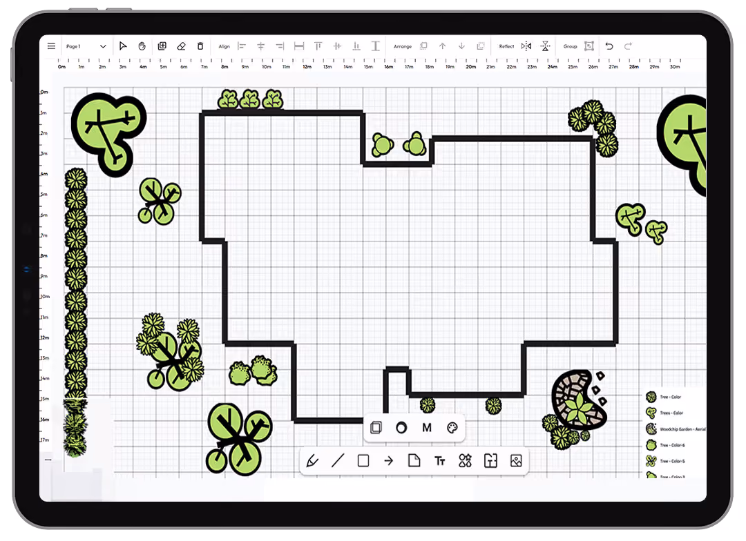 Tablet Device using FormSketch displaying a landscape floor plan with plants