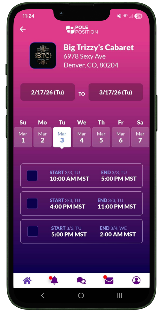 Requesting a booking at Big Trizzy's Cabaret in Denver, CO.