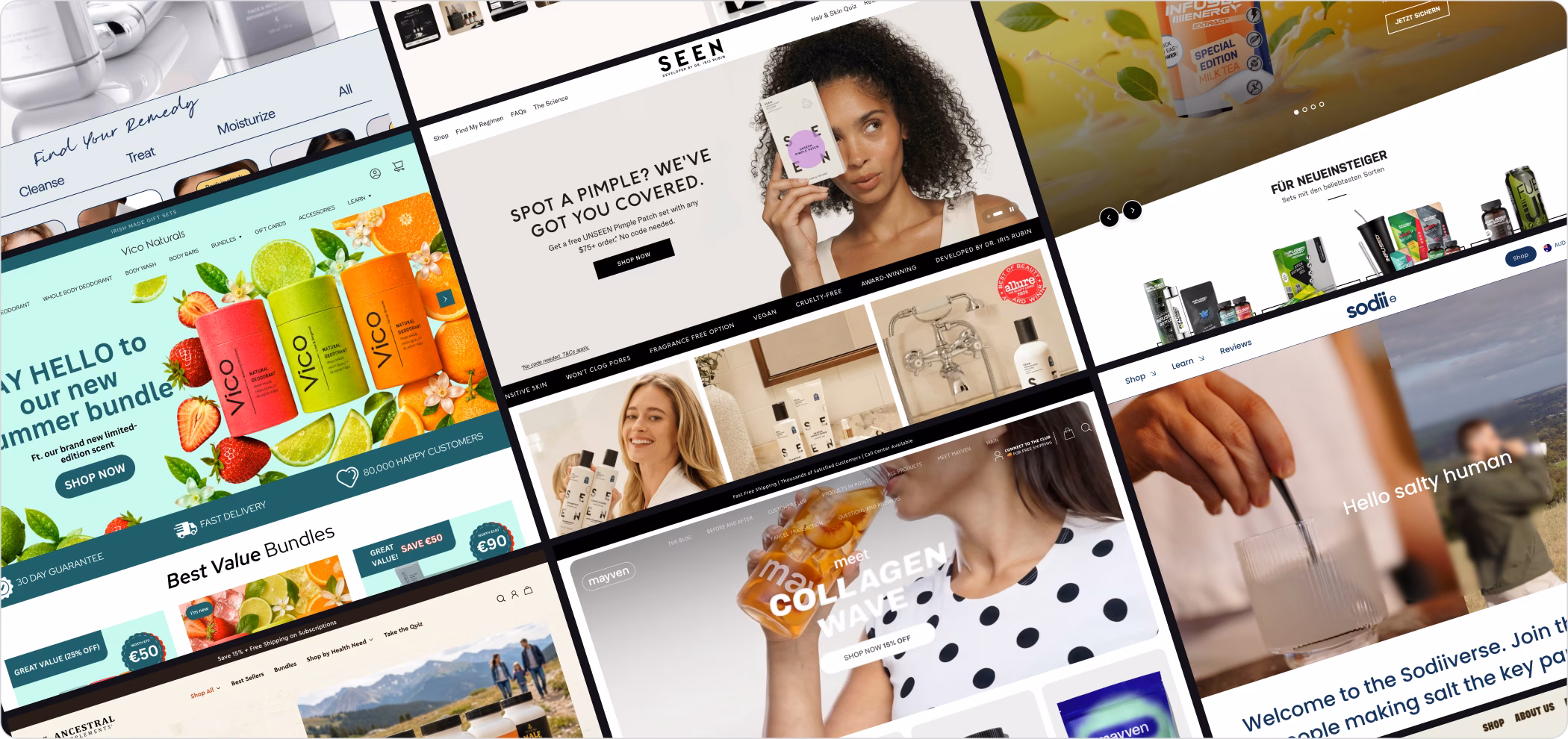Collage of skincare, health, and wellness product websites with colorful packaging and people.