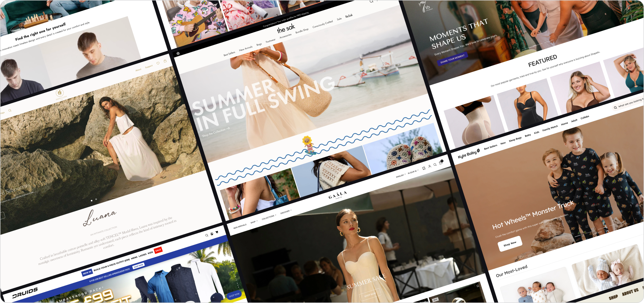 Collage of fashion and apparel storefronts showing clothing, accessories, and styled outfits.