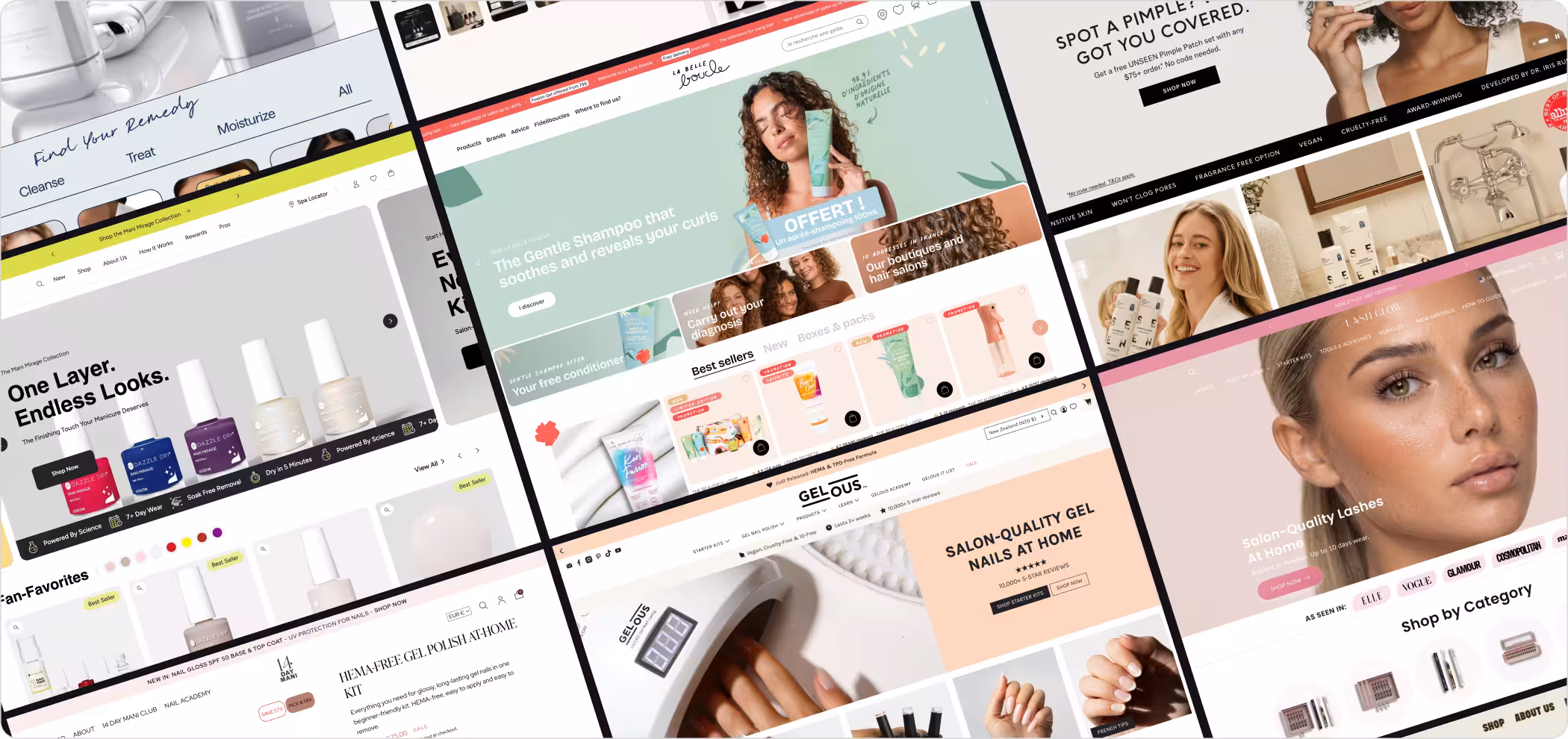 A mosaic of live Shopify bundle storefronts, from concern-based routines and build-your-own-box flows to subscription bundles, all powered by Easy Bundles.