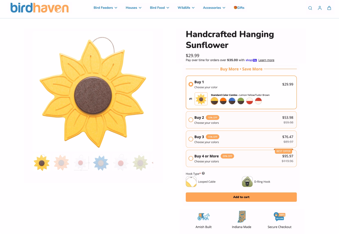 Handcrafted hanging sunflower bird feeder in yellow with brown center and color option thumbnails below.