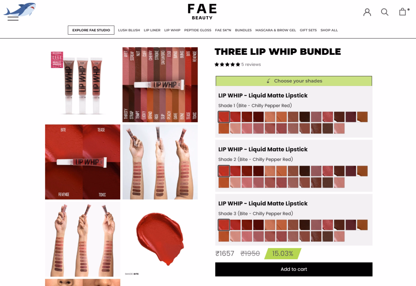 FAE Beauty webpage showing a three lip whip bundle with shades swatched on arms and lips, priced with discount.