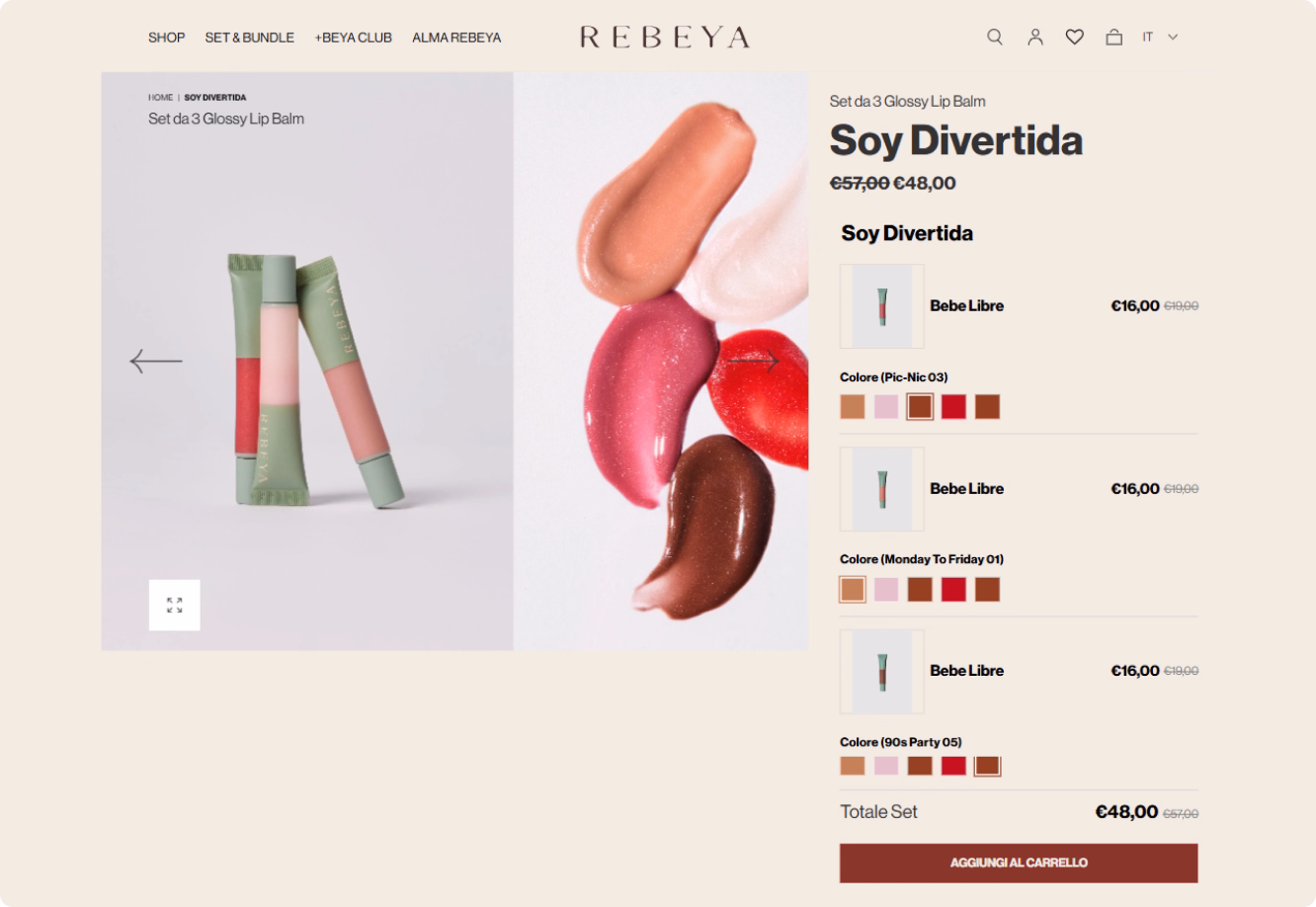 Product page showing set of three glossy lip balms with color swatches and pricing details in Italian.