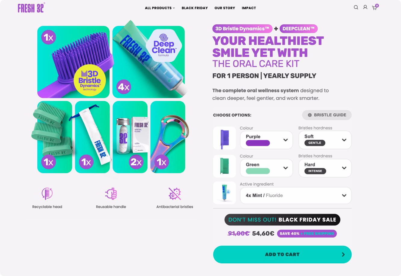 Fresh 32 oral care kit showing brush heads, toothpaste, floss, handle, and color and bristle options.