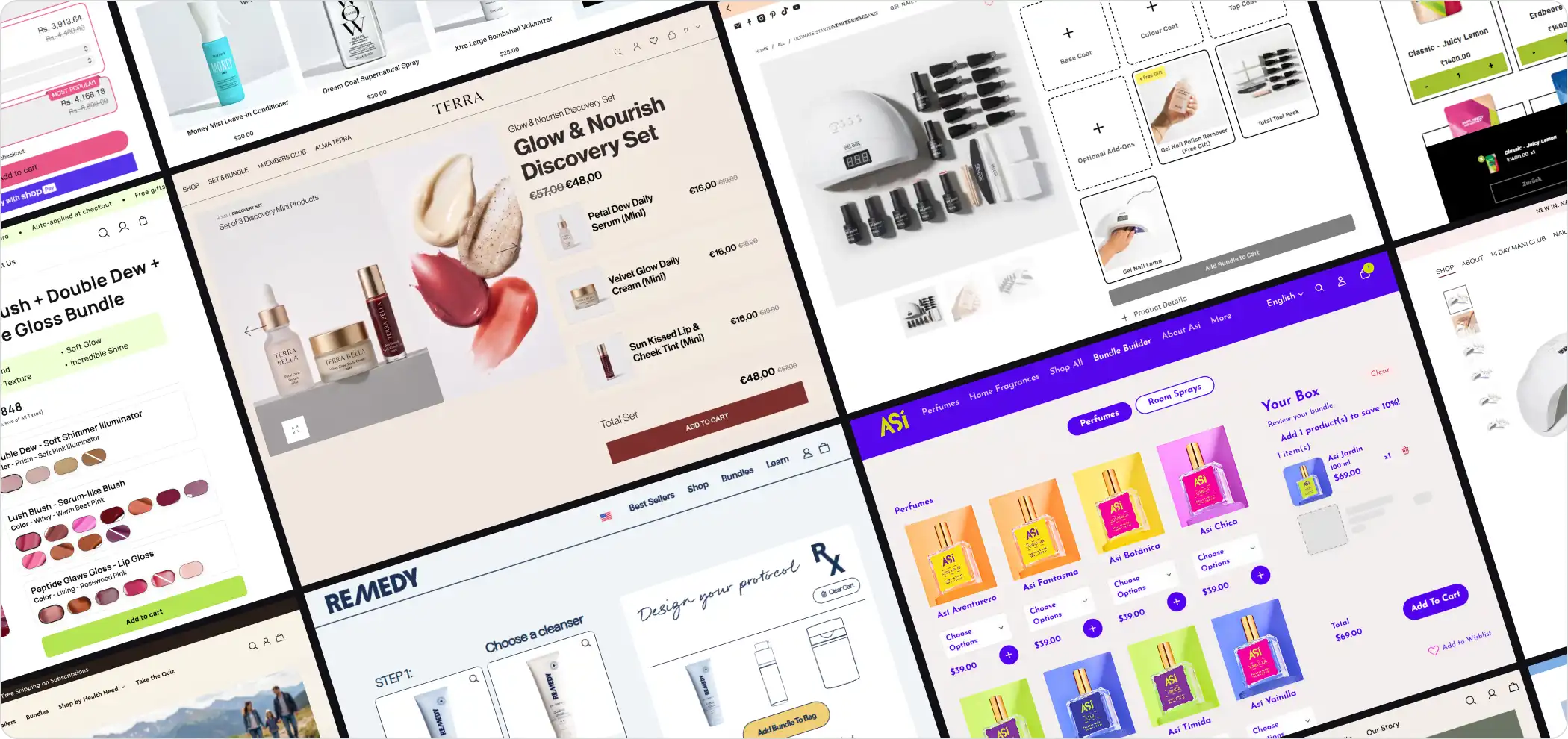 A mosaic of live Shopify bundle storefronts, from concern-based routines and build-your-own-box flows to subscription bundles, all powered by Easy Bundles.