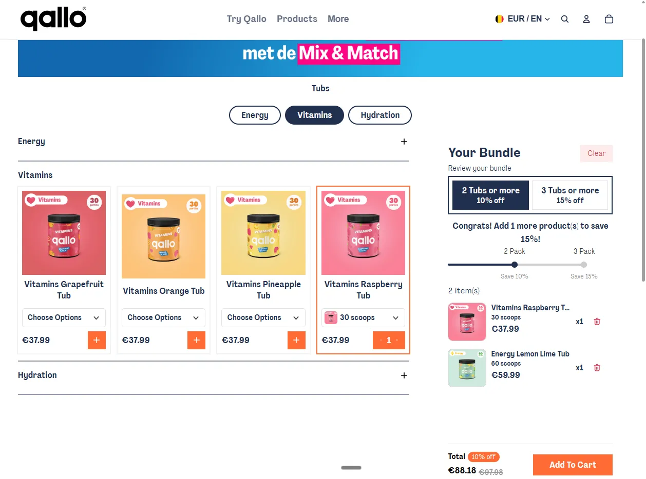 Qallo's mix & match tub builder on Shopify, with 2-tub and 3-tub discount tiers