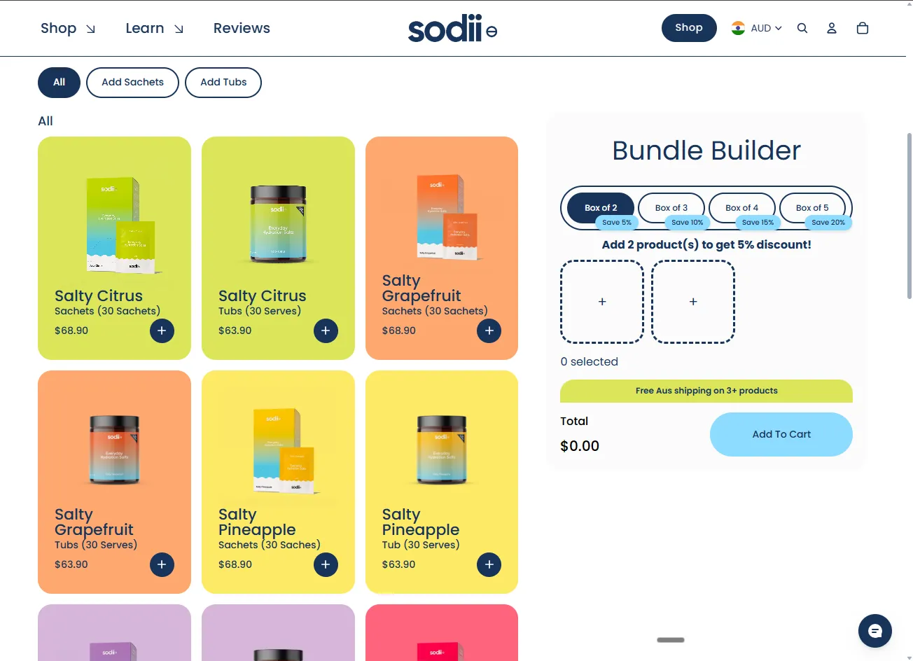 Sodii's build-your-own hydration bundle on Shopify, with Box of 2 to Box of 5 discount tiers