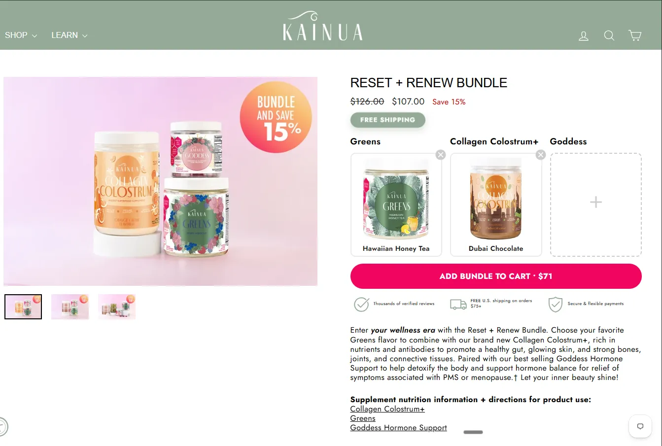 Kainua Nutrition's fixed-price supplement bundle on Shopify