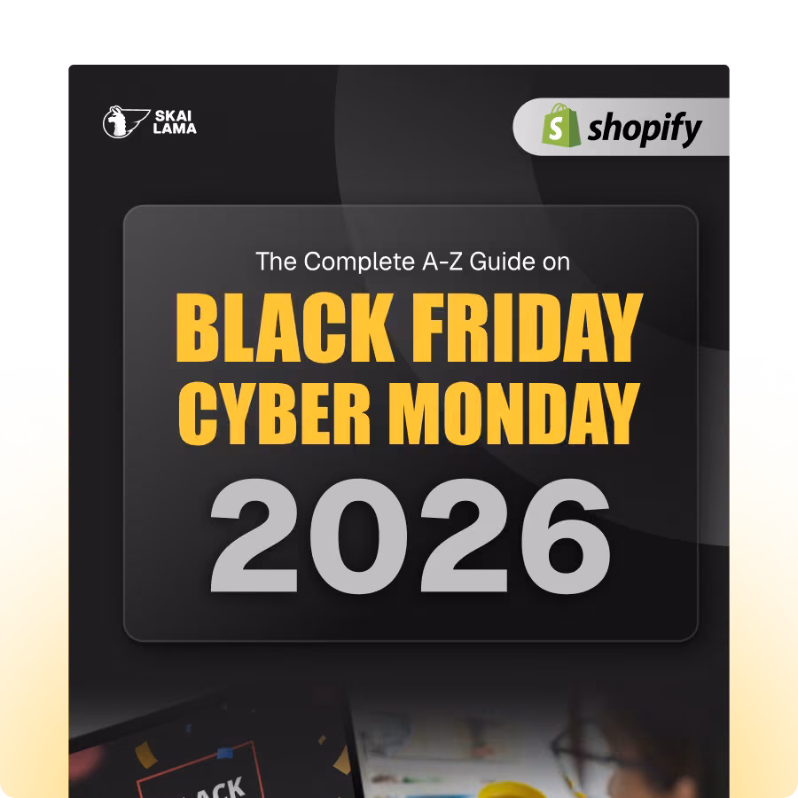 Cover of the Skai Lama Black Friday Cyber Monday playbook for Shopify stores