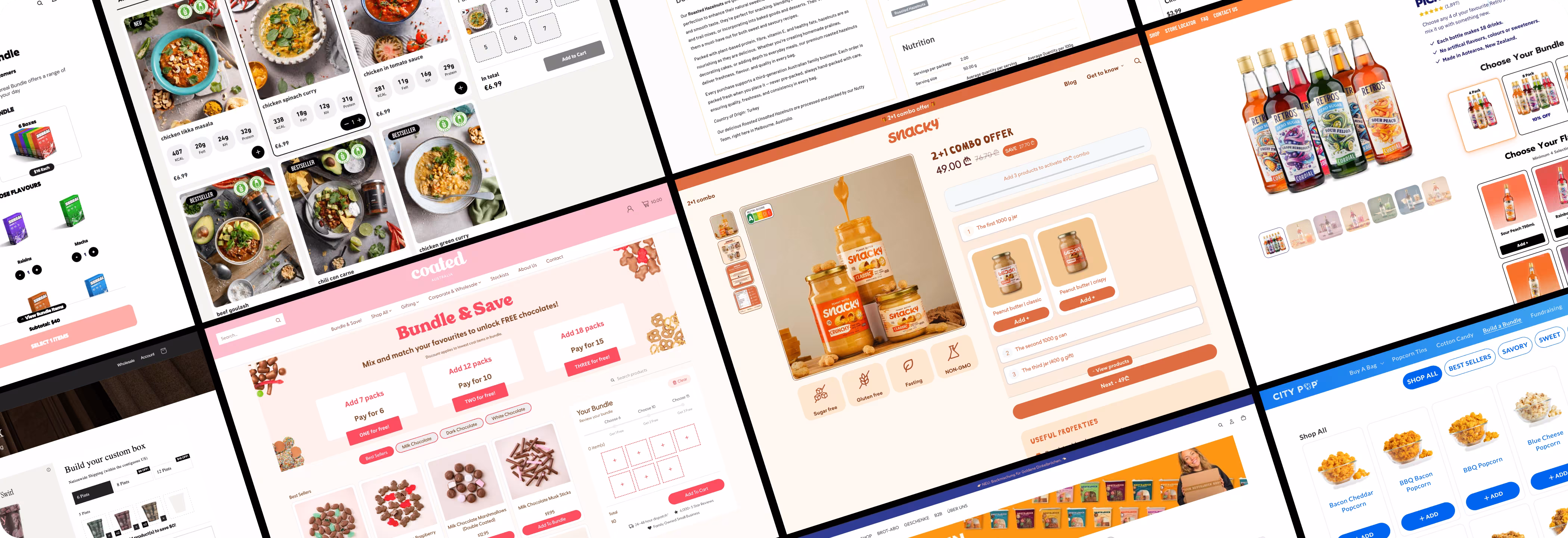 A mosaic of live Shopify food and beverage storefronts, from mix-and-match multipacks and build-your-own boxes to subscribe-and-save bundles, all powered by Easy Bundles.