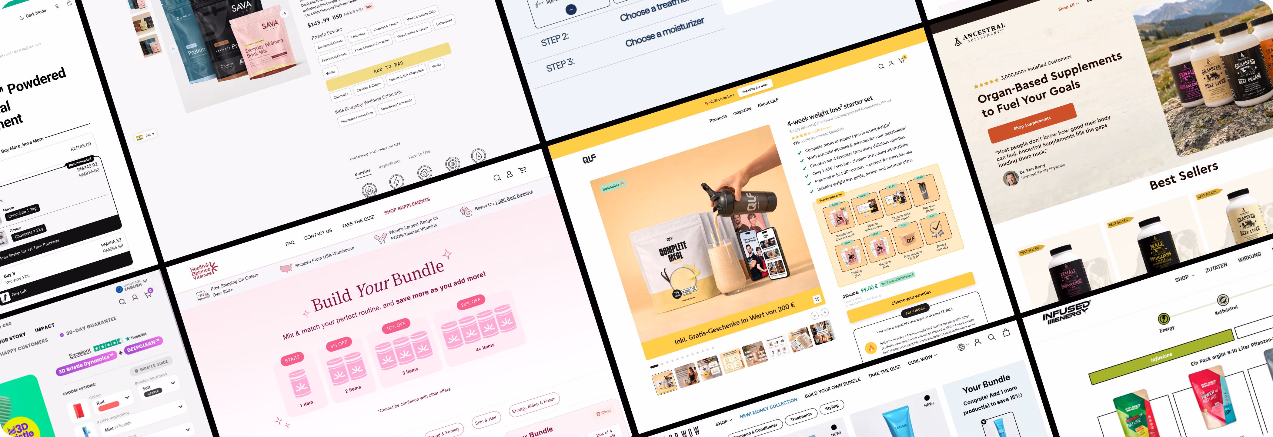 A mosaic of live Shopify health and wellness storefronts, from supplement starter kits and build-your-own stacks to subscribe-and-save bundles, all powered by Easy Bundles.