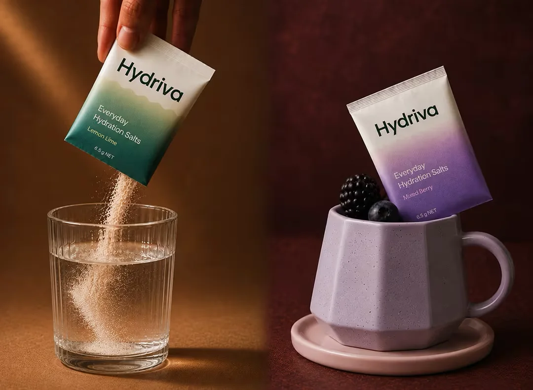 Hydration powder sachets being poured into a glass