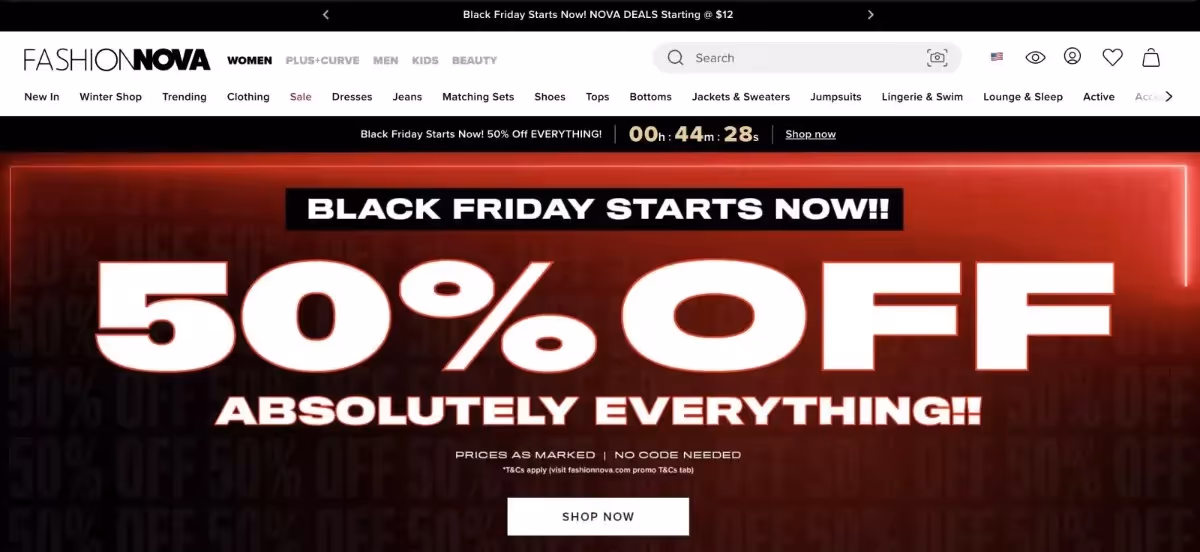 Fashion Nova Black Friday website banner showing 50% sitewide discount.