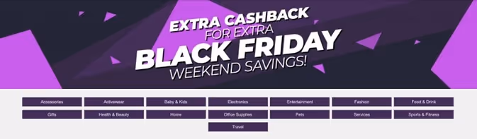 Website banner of a company offering extra cashback during Black Friday weekend.
