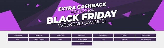 Website banner of a company offering extra cashback during Black Friday weekend.