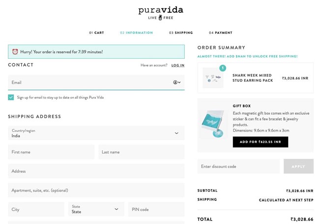 puravida's cart abandonment offer.