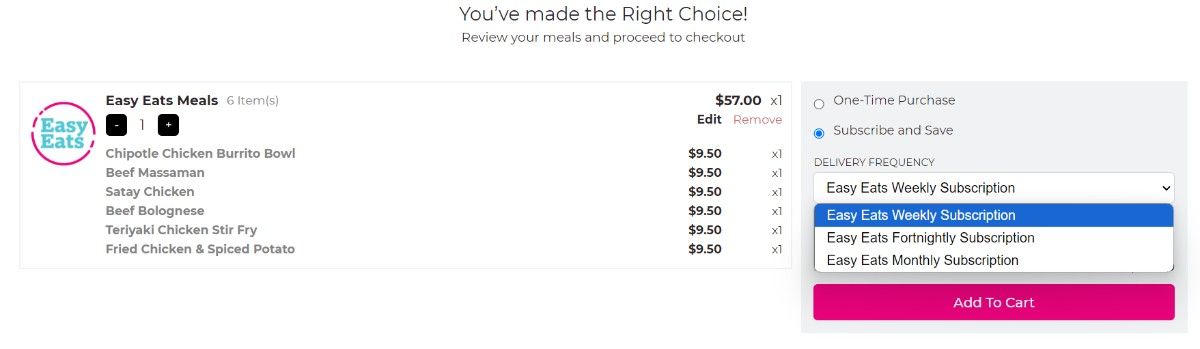  A subscription bundle of Easy Eats Meals made by Easy Bundles, featuring a subscription option from weekly to monthly.
