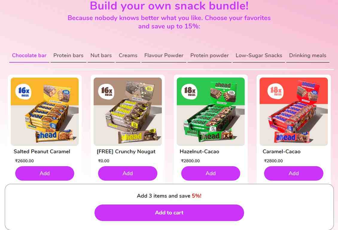 ahead's Build Your Own Bundle made by Easy Bundles allows customers to create their own snack bundle.