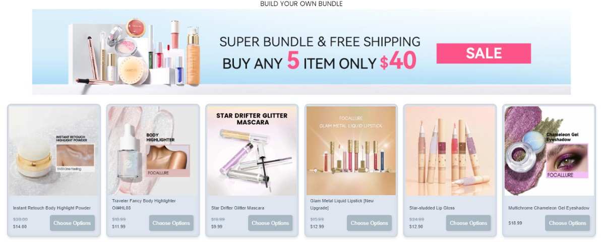 A fixed price bundle of Focallure made using Easy Bundle allows customers to choose any 5 items for $40.